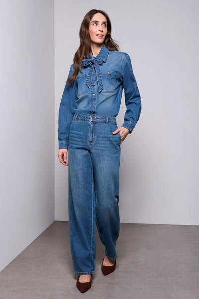 Tribal Blue Thread Selt-Tie Bow Button Front Denim Shirt