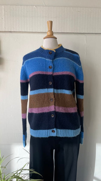 The Korner 'Ninon' Blue Striped Button Front Knit Cardigan