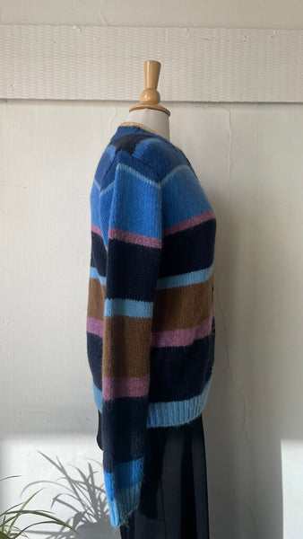 The Korner 'Ninon' Blue Striped Button Front Knit Cardigan