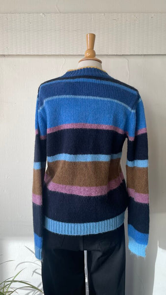 The Korner 'Ninon' Blue Striped Button Front Knit Cardigan