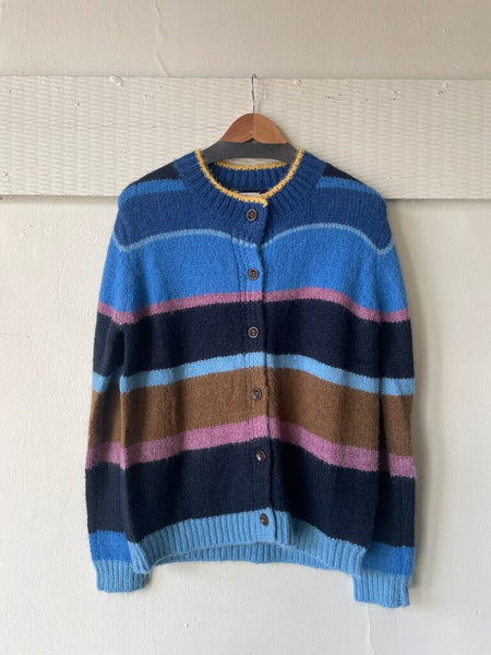 The Korner 'Ninon' Blue Striped Button Front Knit Cardigan