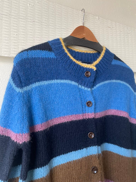 The Korner 'Ninon' Blue Striped Button Front Knit Cardigan