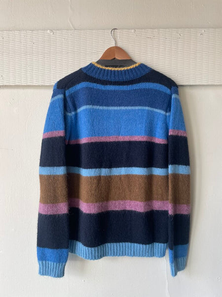 The Korner 'Ninon' Blue Striped Button Front Knit Cardigan