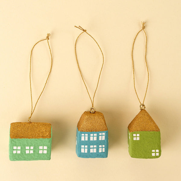 Village Paper Mache Eco-Friendly Ornaments - Set of 3