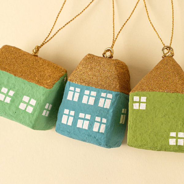 Village Paper Mache Eco-Friendly Ornaments - Set of 3