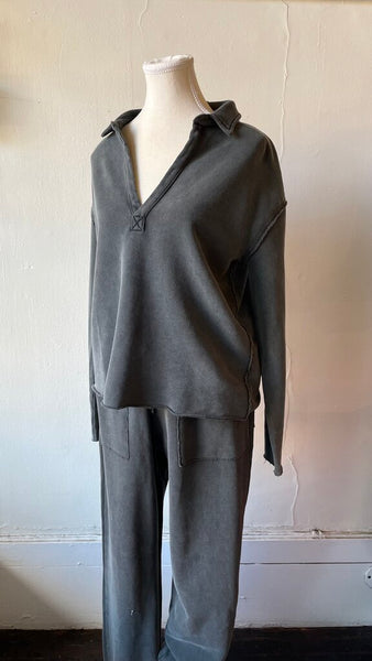 Hello Nite 100% Cotton Johnny Collar Sweater Top - Forest River
