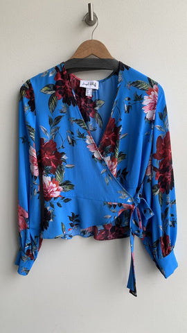 Joseph Ribkoff Bright Blue Floral Long Sleeve Wrap Top - Size 4