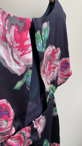 Emmelee Navy Rose Print Open Back Dress - Size Medium