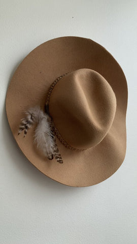 Aldo Light Brown Feather Trim Floppy Felt Hat - Size Small