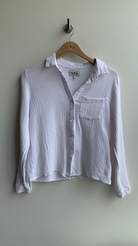 Cry Baby White Crinkle Cotton Button Down Collar Long Sleeve Top - Size Small