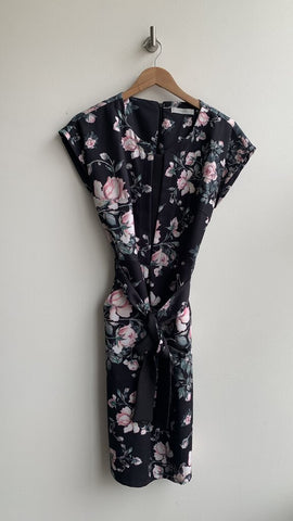 Luna Black Rose Print Belted Cap Sleeve Dress - Size Medium