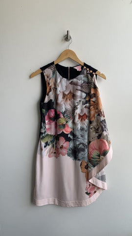 Ted Baker Pink Floral Sleeveless Front Overlay Dress - Size 2
