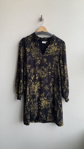 Kaffe Black Floral Long Sleeve Mandarin Collar Dress - Size 38 (Medium)