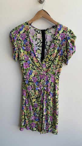 Zara Bright Floral Print Short Sleeve Faux Wrap Dress - Size X-Small