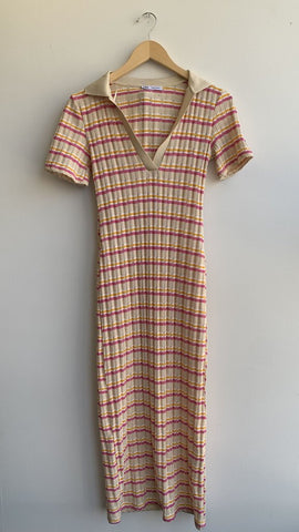 Zara Cream/Pink Stripe Collared Short Sleeve Midi Dress - Size Small