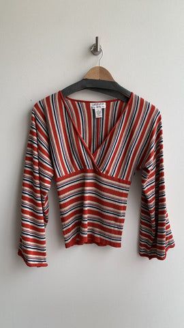 Max Studio Red/Cream/Navy Knit V-Neck Bell Sleeve Top - Size Small