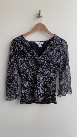 Allison Taylor Black Purple Floral Silk V-Neck Sheer Sleeve Blouse - Size Medium