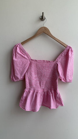Pink/White Gingham Rouched Off-the-Shoulder Peplum Top -Size Small (Estimated)