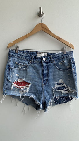 Garage Mid-Blue Distressed Kerchief Pocket Denim Festival Shorts - Size 13