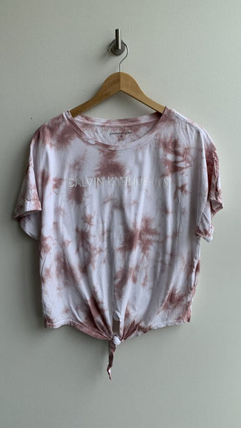 Calvin Klein Jeans Pink/White Tie-Dye Knot Front Logo Tee - Size Large
