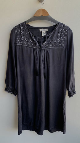 L.O.G.G. Black Embroidered Shoulder Tassel Neck 3/4 Sleeve Dress - Size 8