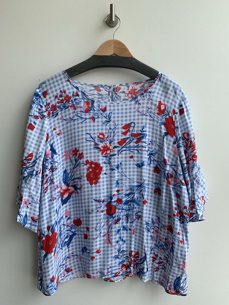 Blue/White Gingham Red Flower Short Sleeve Crop Top - Size XL