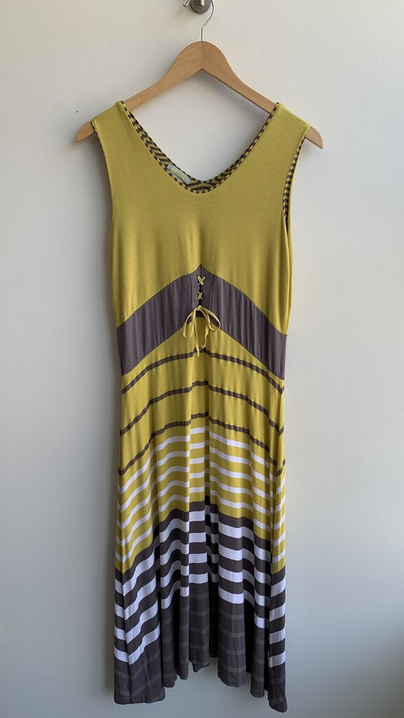 Dolcezza Mustard/Brown Stripe Sleeveless Midi Dress - Size Large