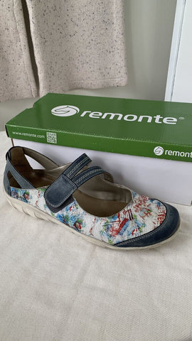 Remonte Blue/White Printed Velcro Strap Leather Shoe - Size 42