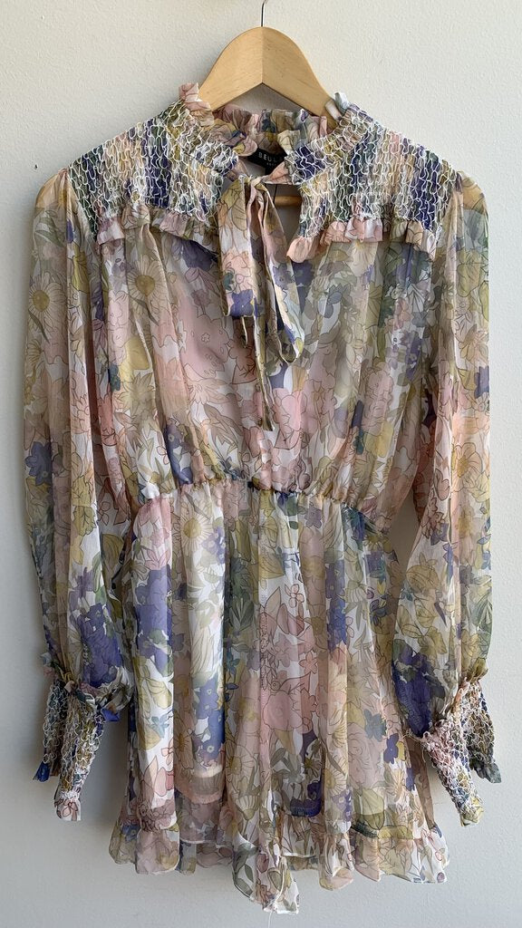 Beulah Style Pastel Floral Print Tie-Neck Long Sheer Sleeve Dress - Size Small (NWT)