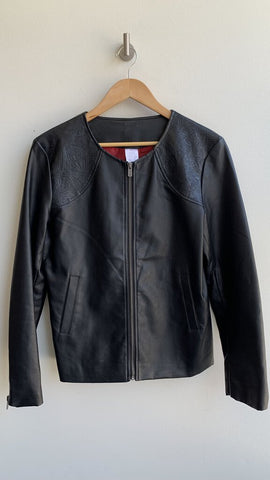 Black Faux Leather Floral Embossed Shoulder Zip Front Jacket - Size Medium
