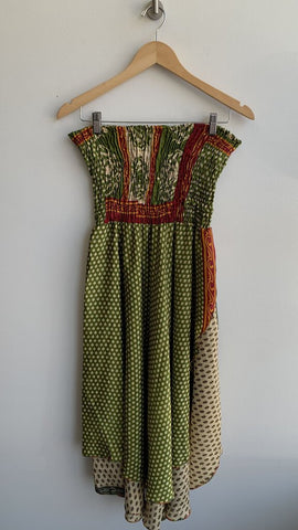 Green Dot Print Silk Strapless Layered Skirt Dress - Size Medium (Estimated)