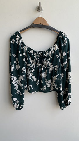 Abercrombie & Fitch Dark Green Floral Print Cinch Front Off-the-Shoulder Blouse - Size Small