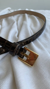Cleo Croc Print Gold Buckle Thin Leather Belt - Size Medium
