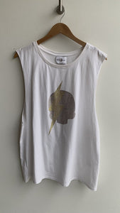 Odd People White Sleeveless Cotton Top with Bedazzled Skull and Lightning Bolt Logo - Size XL