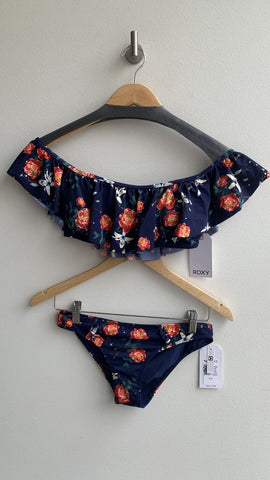 Roxy Navy Floral Ruffle Swim Suit Top - Size Small (NWT)