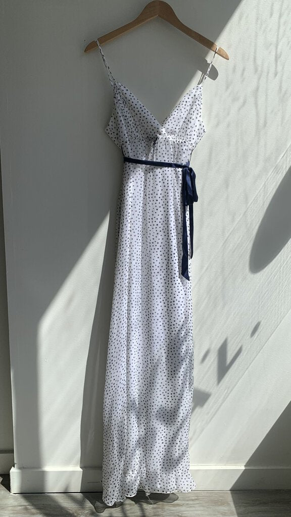 Betsey Johnson White Polka-Dot Navy Belted Thin Strap Maxi Dress - Size 10