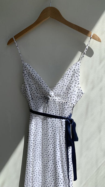 Betsey Johnson White Polka-Dot Navy Belted Thin Strap Maxi Dress - Size 10