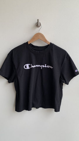 Champion Black Cotton Boxy Logo Tee - Size Medium