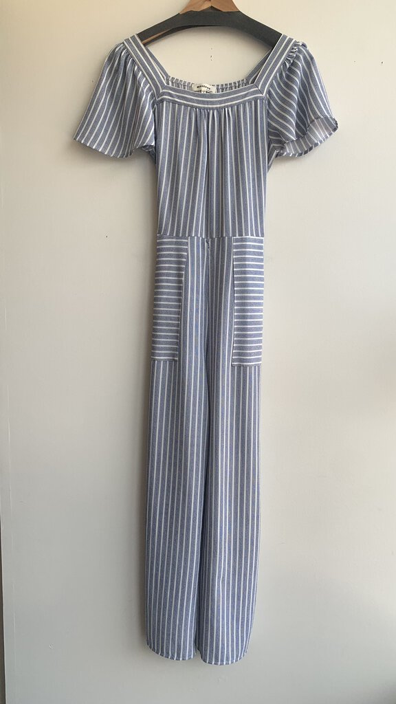 Monteau Blue/White Stripe Square Neck Belted Jumpsuit - Size Medium
