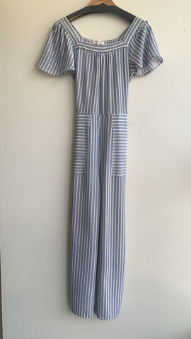 Monteau Blue/White Stripe Square Neck Belted Jumpsuit - Size Medium