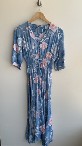 Jaase Blue Floral Print 3/4 Sleeve Boho Maxi Dress - Size Medium
