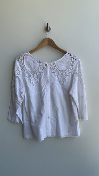 Saint Tropez White Eyelet Lace Embroidered Back Button Blouse - Size Medium