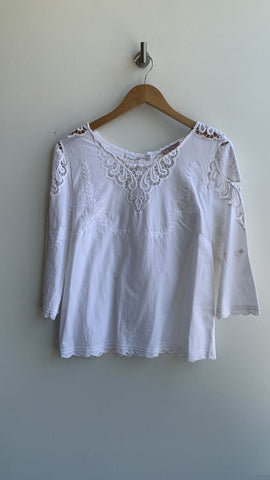 Saint Tropez White Eyelet Lace Embroidered Back Button Blouse - Size Medium