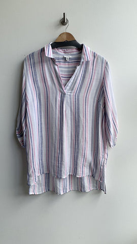 Tribal White/Pink/Blue Stripe Roll Sleeve Collared Shirt - Size Medium