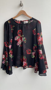 Mimi Chica Black Floral Print Sheer Bell Sleeve Blouse - Size Medium