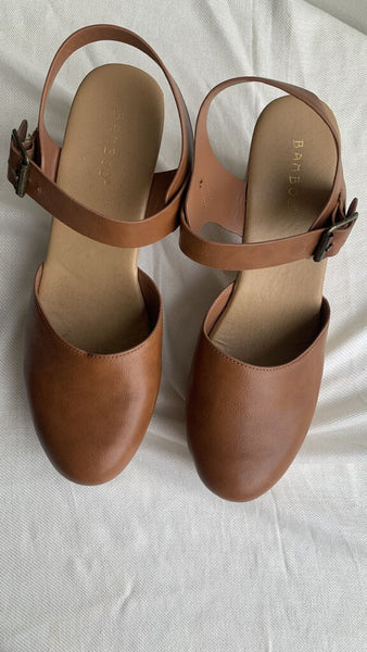 Bamboo Brown Ankle Strap Clogs - Size 10