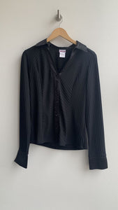 Midtown Black Textured Stripe Button Front Collared Shirt - Size Medium