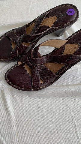 Born Dark Brown Leather Strappy Slip-On Heels - Size 8