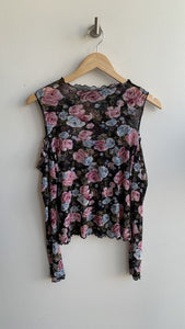 Black Rose Print Cold Shoulder Mesh Top - Size Large (Estimated)