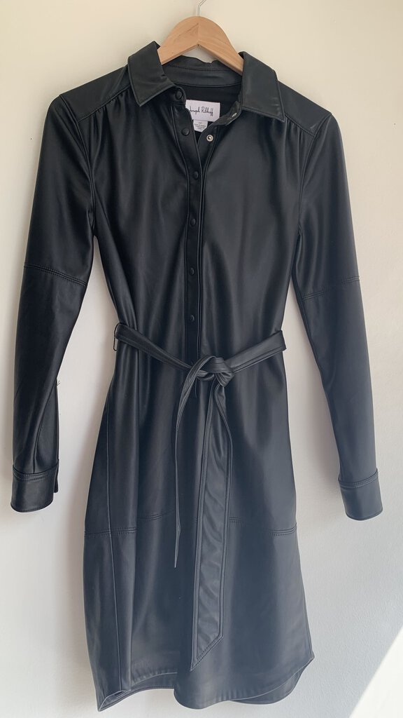 Joseph Ribkoff Black Faux Leather Long Sleeve Belted Dress - Size Small